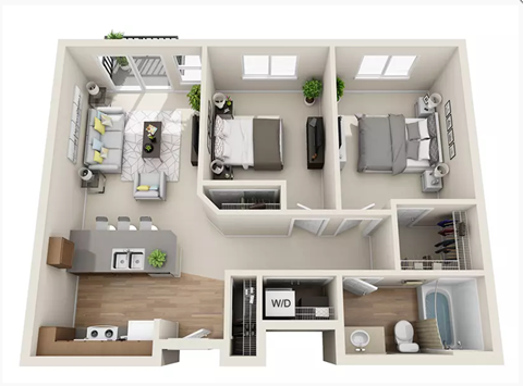 Floor plan for 2 beds, 1 bath, 832 sqft